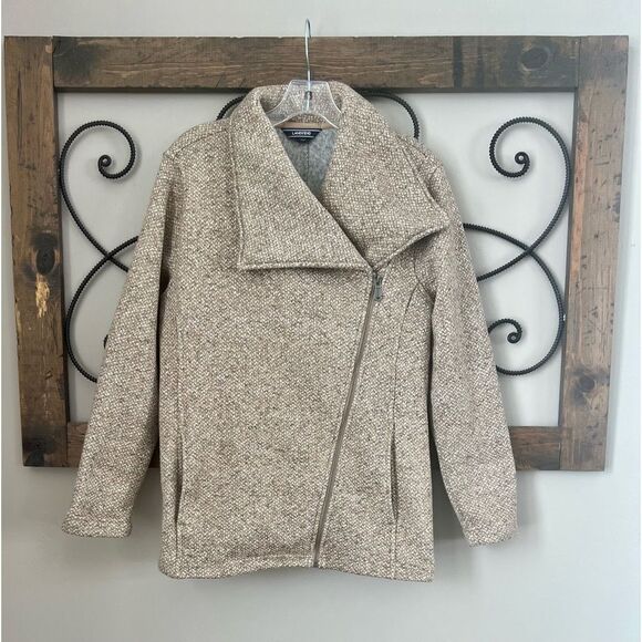 Lands End Motto Knit Fleece Oatmeal Tweed Asymmetrical Zip Jacket Blazer Coat - Picture 6 of 16